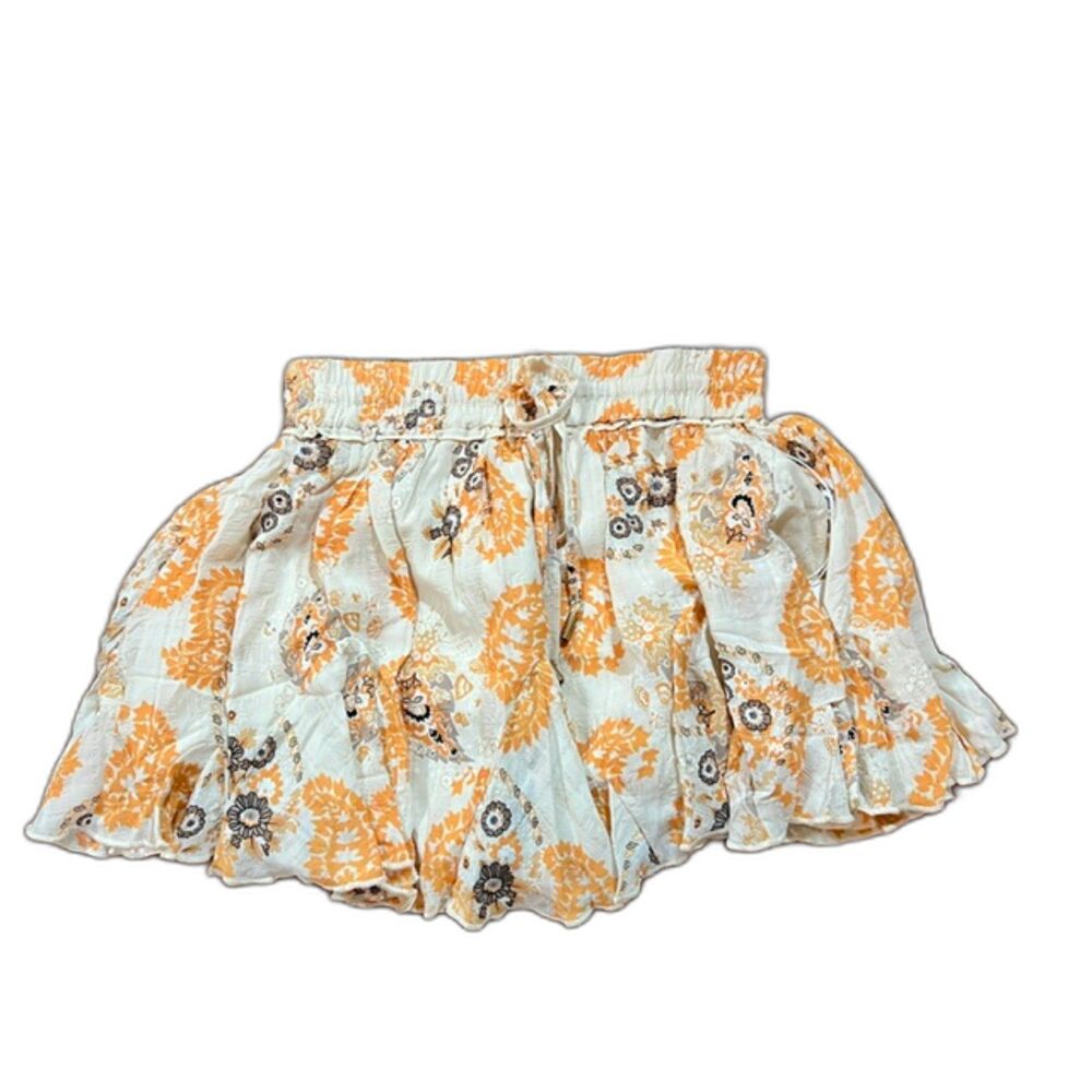 Bishop + Young Boho Floral Smocked Mini Skirt Orange Cream Medium Cottagecore